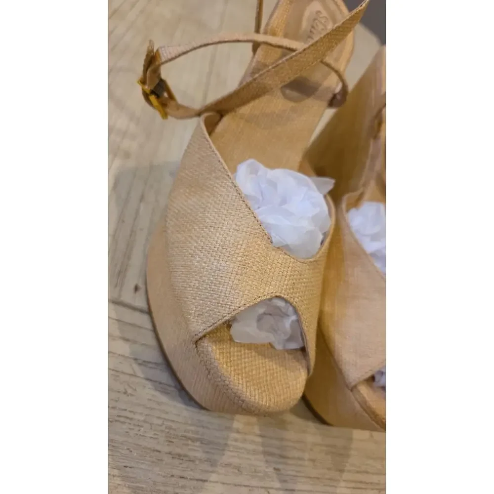 Schutz Neith Raffia Wedge Sandal Womens 10.5 Beige Ankle Strap Platform Peep Toe